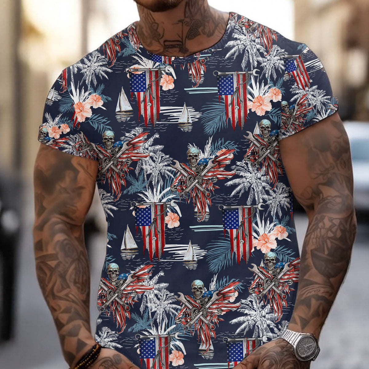 Patriotic Hawaiian Shirt, American Flag & Skull Design, Tropical Palm and Flower Pattern, Gift for Men, Skull Hoodie Shirt