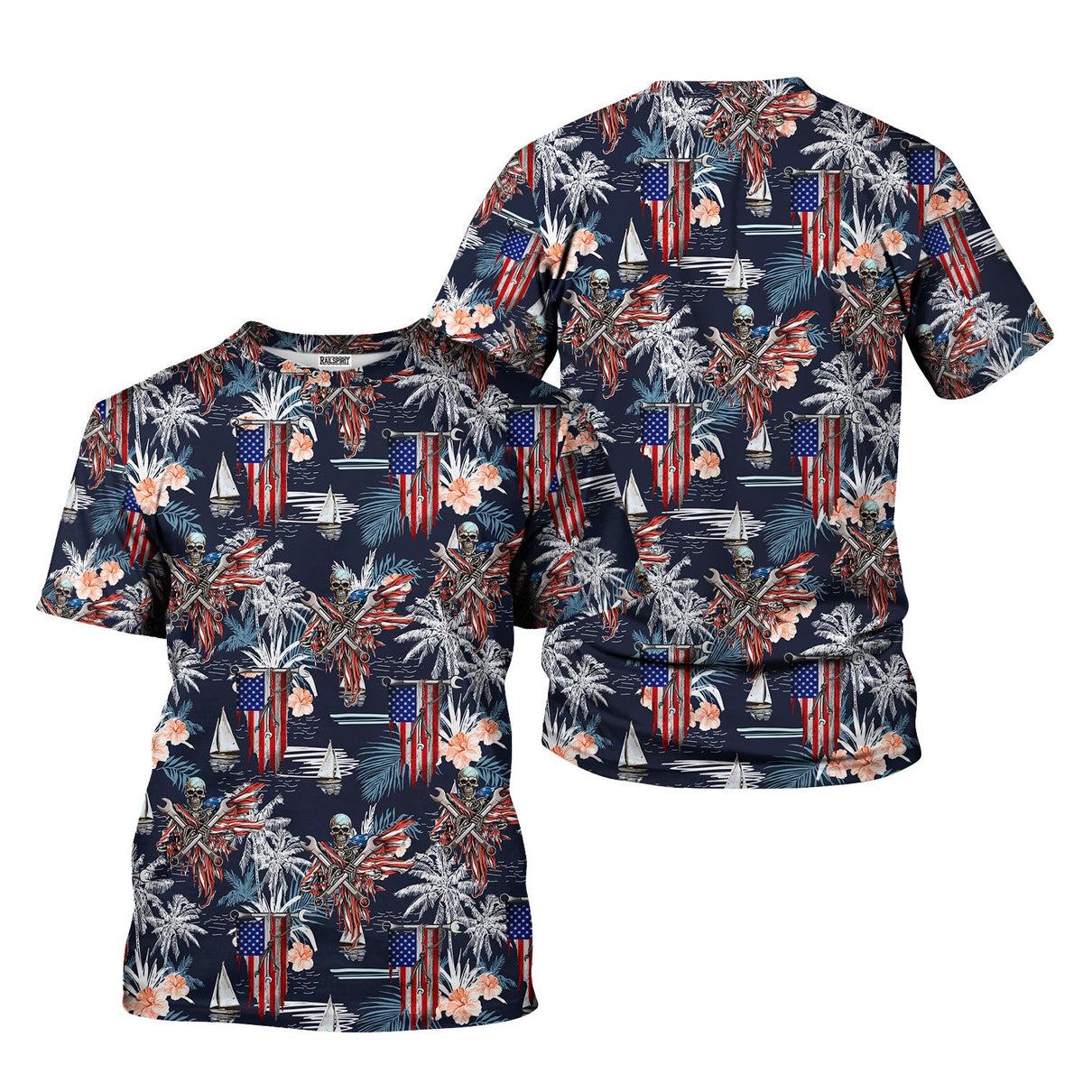 Patriotic Hawaiian Shirt, American Flag & Skull Design, Tropical Palm and Flower Pattern, Gift for Men, Skull Hoodie Shirt