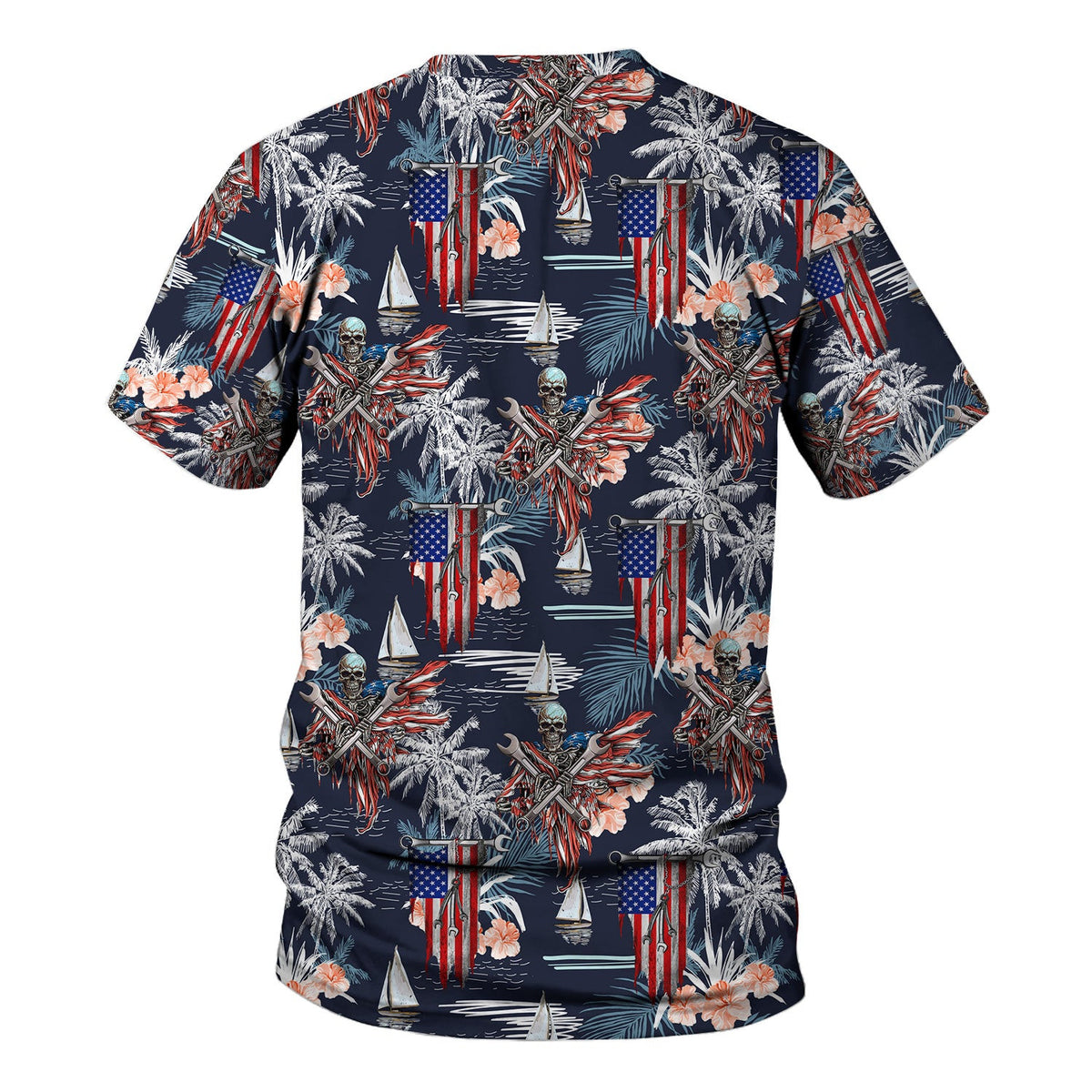 Patriotic Hawaiian Shirt, American Flag & Skull Design, Tropical Palm and Flower Pattern, Gift for Men, Skull Hoodie Shirt