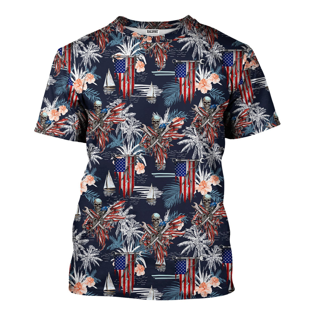Patriotic Hawaiian Shirt, American Flag & Skull Design, Tropical Palm and Flower Pattern, Gift for Men, Skull Hoodie Shirt