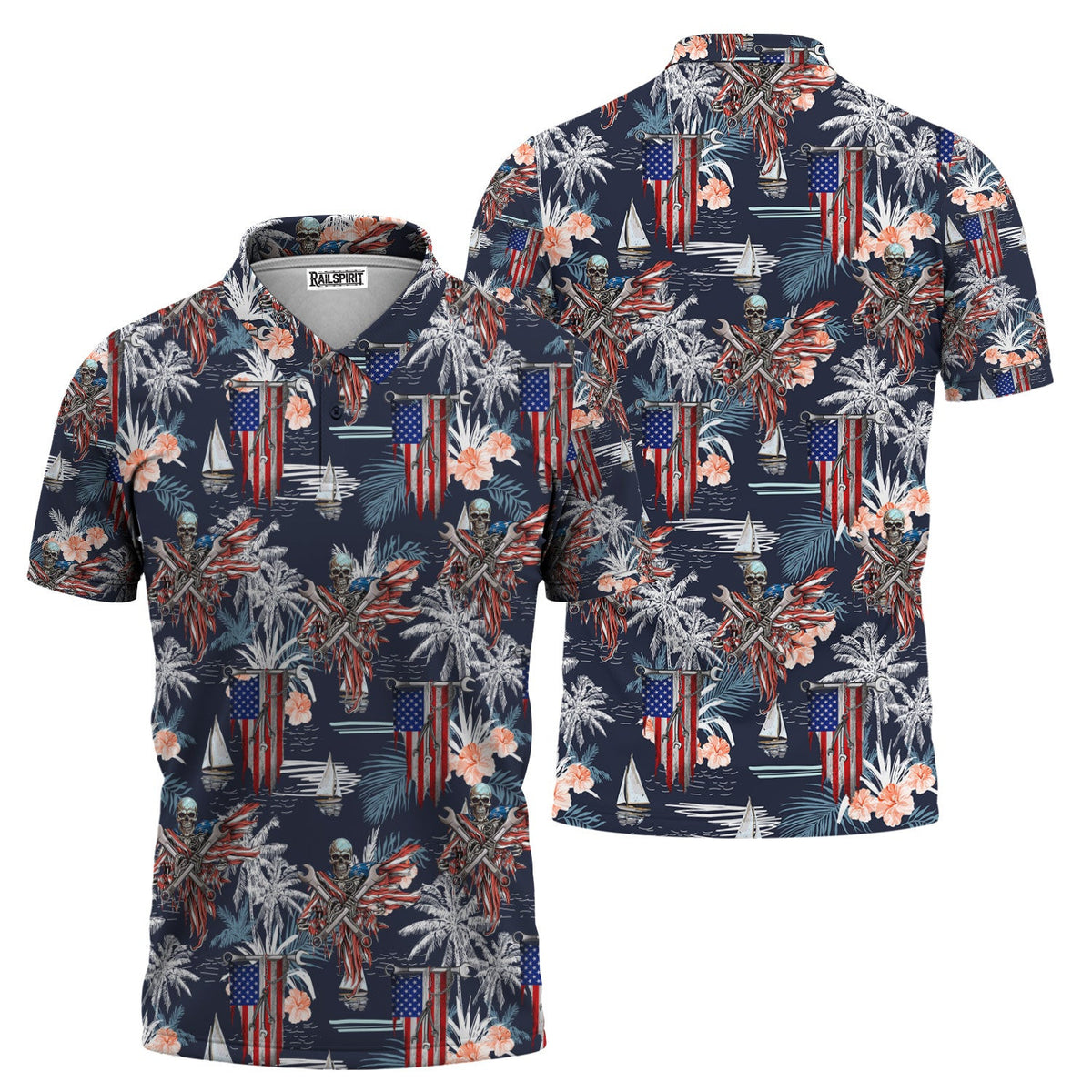 Patriotic Hawaiian Shirt, American Flag & Skull Design, Tropical Palm and Flower Pattern, Gift for Men, Skull Hoodie Shirt