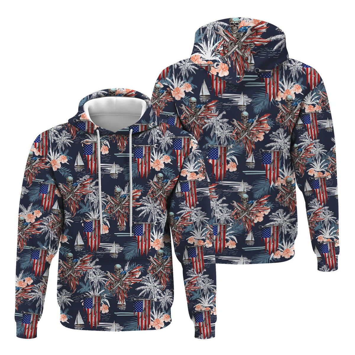 Patriotic Hawaiian Shirt, American Flag & Skull Design, Tropical Palm and Flower Pattern, Gift for Men, Skull Hoodie Shirt