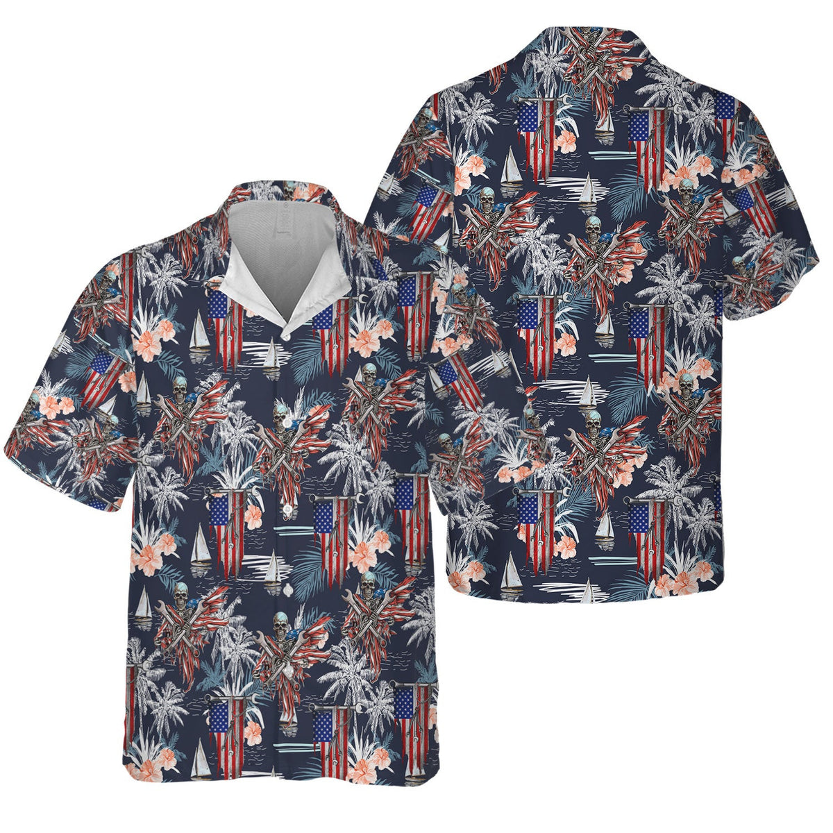 Patriotic Hawaiian Shirt, American Flag & Skull Design, Tropical Palm and Flower Pattern, Gift for Men, Skull Hoodie Shirt