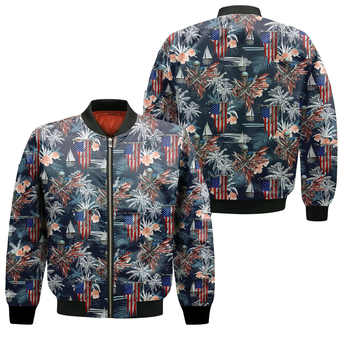 Patriotic Hawaiian Shirt, American Flag & Skull Design, Tropical Palm and Flower Pattern, Gift for Men, Skull Hoodie Shirt