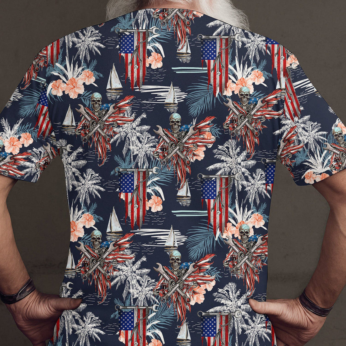 Patriotic Hawaiian Shirt, American Flag & Skull Design, Tropical Palm and Flower Pattern, Gift for Men, Skull Hoodie Shirt