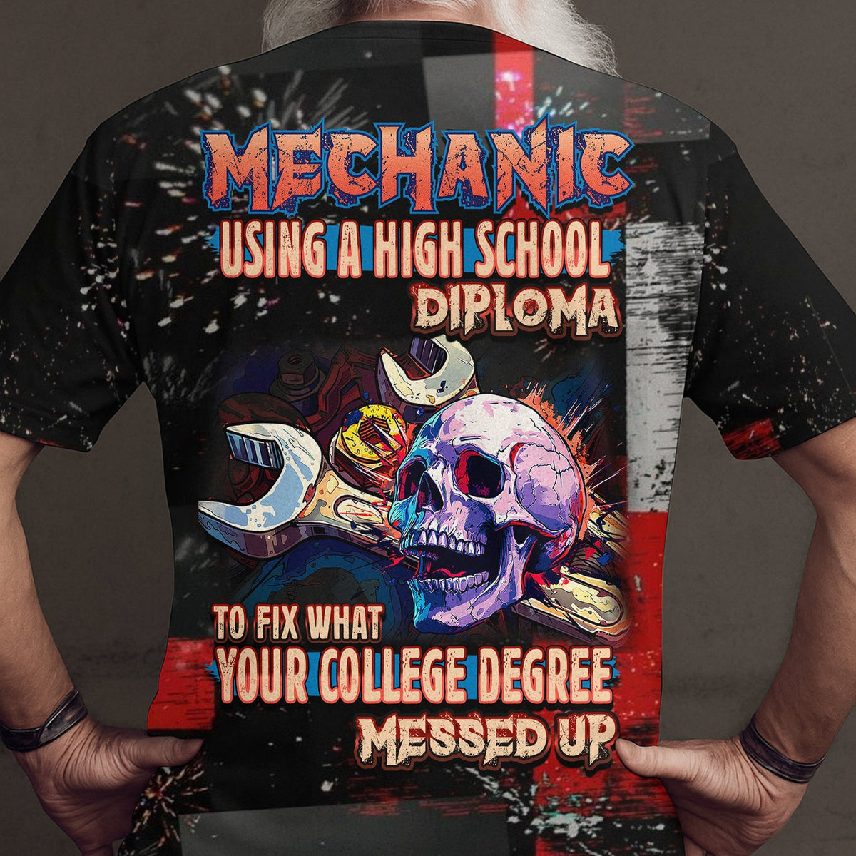 Mechanic Using a High School Diploma Quote T-Shirt, Funny Mechanic Skull Design Tee, Skull Wrench Hoodie Zip For Mechanic Lover