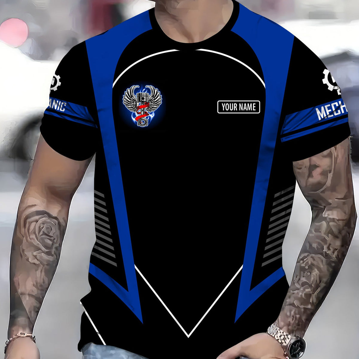 Custom Name Mechanic Shirt, Blue Winged Piston Mechanic Shirt, Cool Mechanic T-Shirt, Auto Repair Gift, Apparel for Men