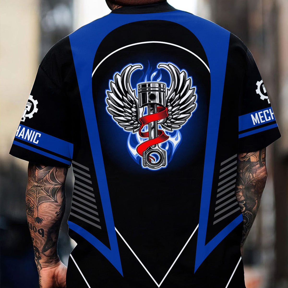 Custom Name Mechanic Shirt, Blue Winged Piston Mechanic Shirt, Cool Mechanic T-Shirt, Auto Repair Gift, Apparel for Men