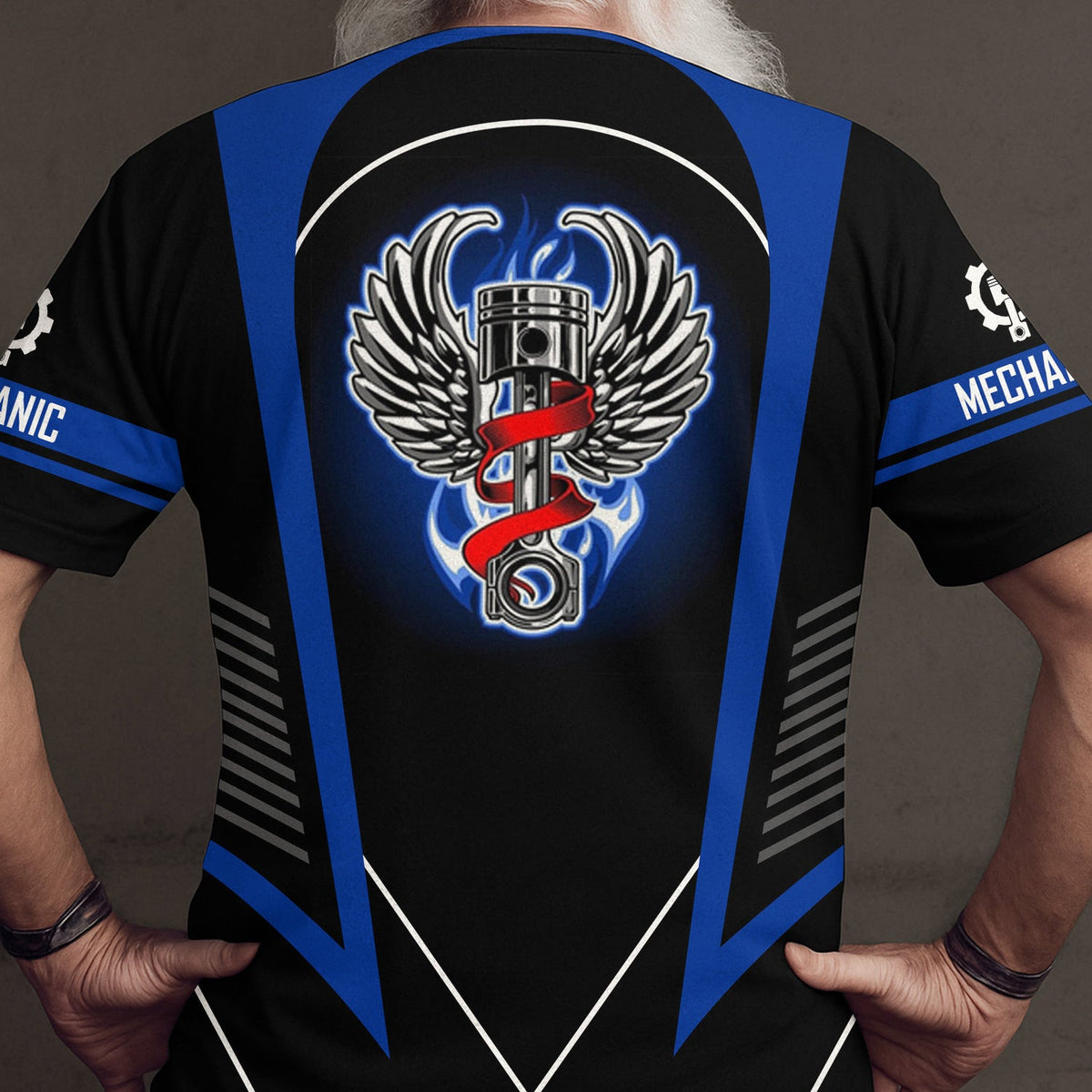 Custom Name Mechanic Shirt, Blue Winged Piston Mechanic Shirt, Cool Mechanic T-Shirt, Auto Repair Gift, Apparel for Men