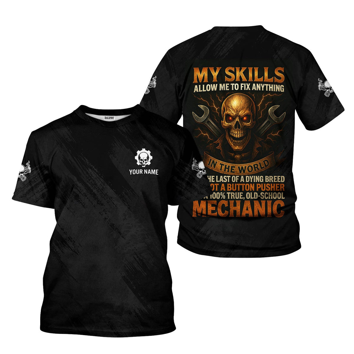 Custom Name Old School Mechanic Shirt, My Skills Allow Me To Fix Anything, Funny Skull Mechanic Gift for Men, Auto Repair Workers & Car Guys