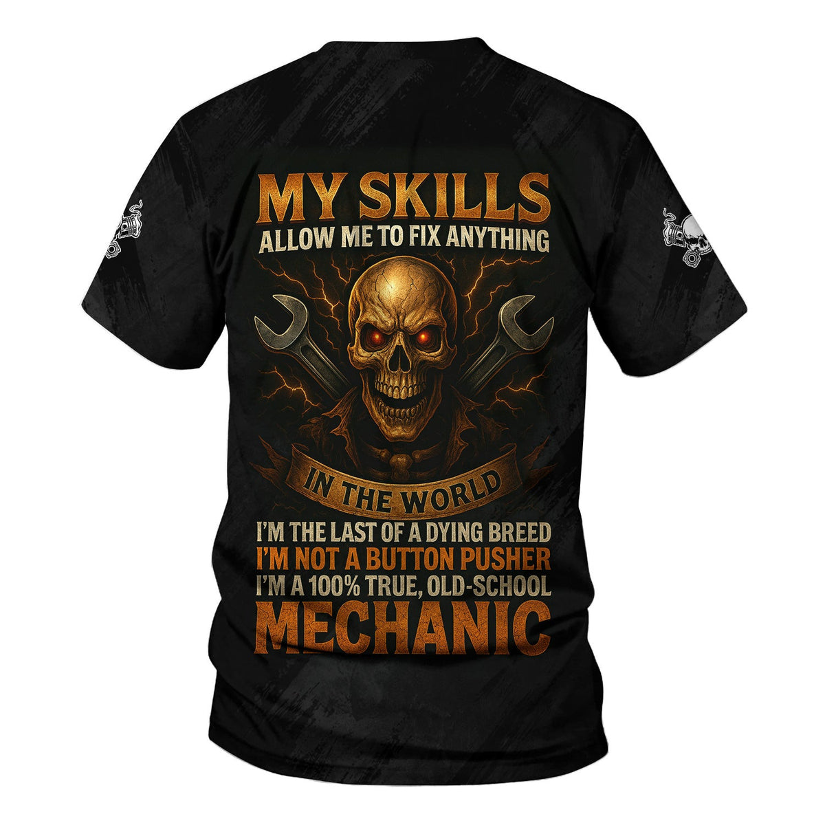 Custom Name Old School Mechanic Shirt, My Skills Allow Me To Fix Anything, Funny Skull Mechanic Gift for Men, Auto Repair Workers & Car Guys