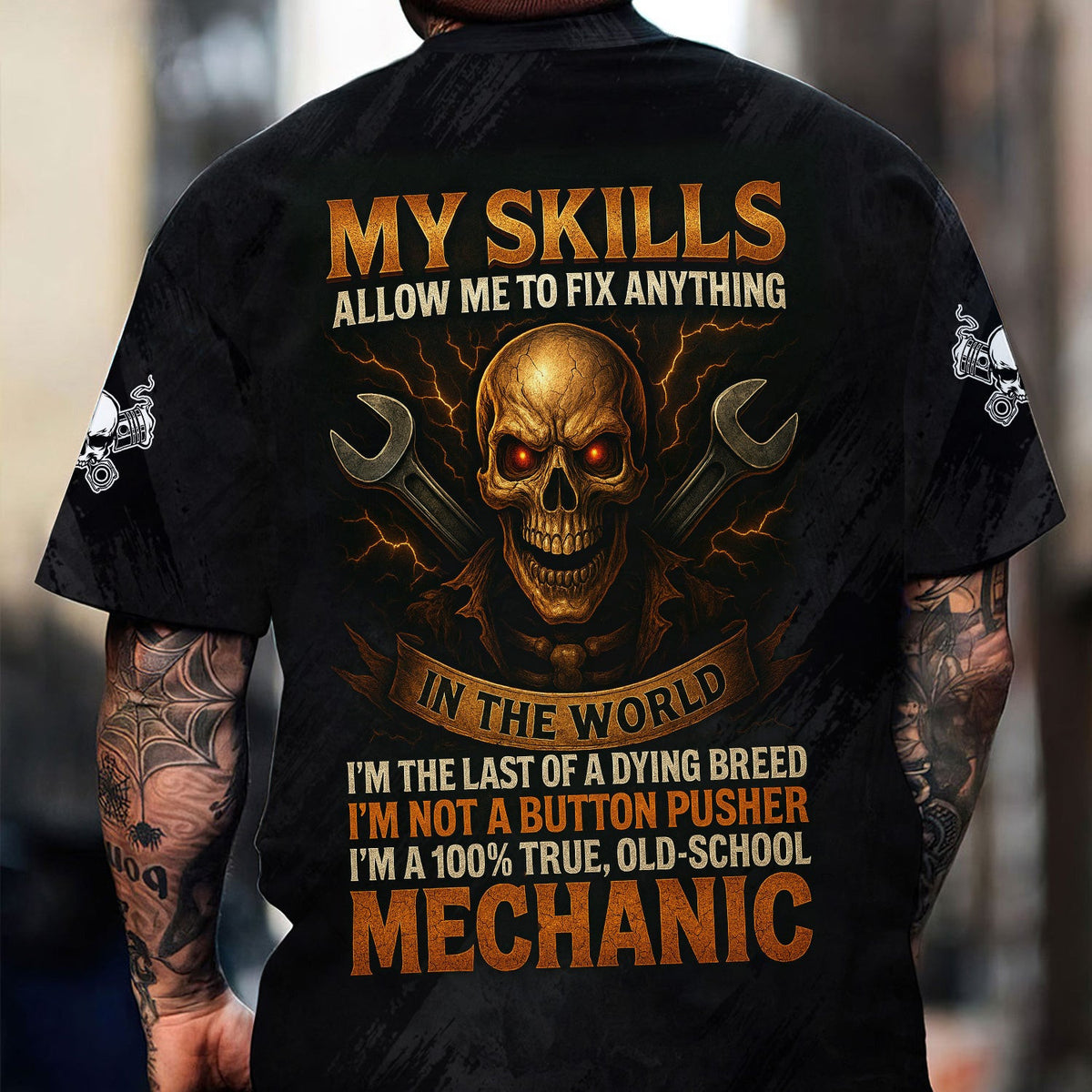 Custom Name Old School Mechanic Shirt, My Skills Allow Me To Fix Anything, Funny Skull Mechanic Gift for Men, Auto Repair Workers & Car Guys