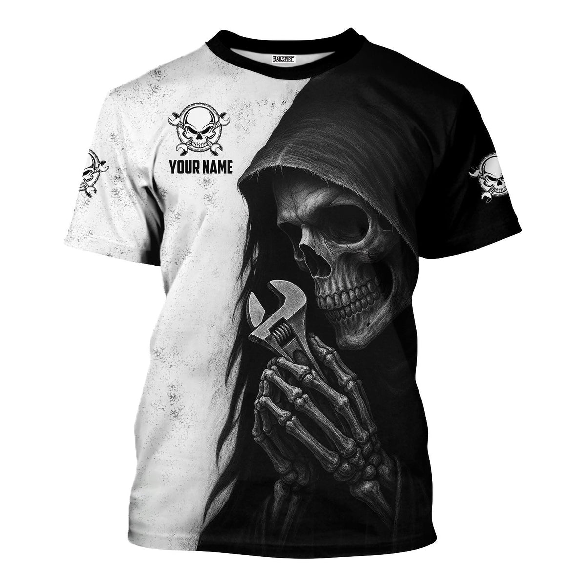 Custom Skull Mechanic Shirt, Personalized Wrench Design, Unique Halloween Gift for Men, Motorcycle & Mechanic Lovers