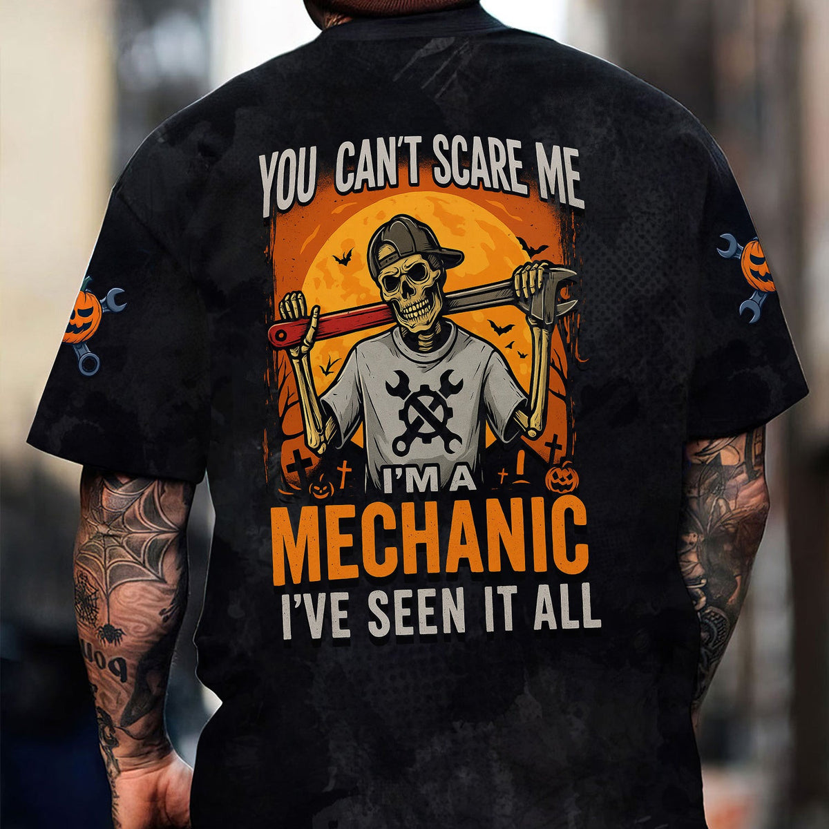 Halloween Skeleton Mechanic Shirt, You Cant Scare Me Im A Mechanic Funny Graphic Tee for Men, Perfect for Mechanics & Halloween Lovers