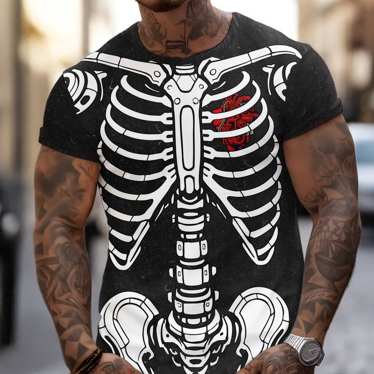 Skeleton Mechanic Shirt for Men Rib Cage Spine Bone Graphic Shirt Gearhead Auto Repair Halloween Costume Top Funny Skull Shirt