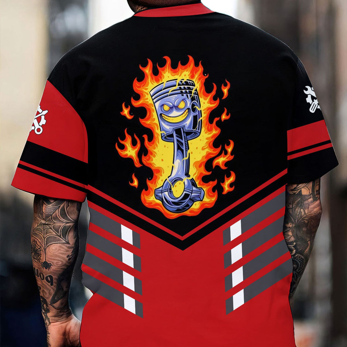Custom Name Mechanic Shirt, Personalized Garage Workwear T-Shirt, Piston Flame Car Graphic Tee, Auto Repair Uniform, Gift For Men & Women