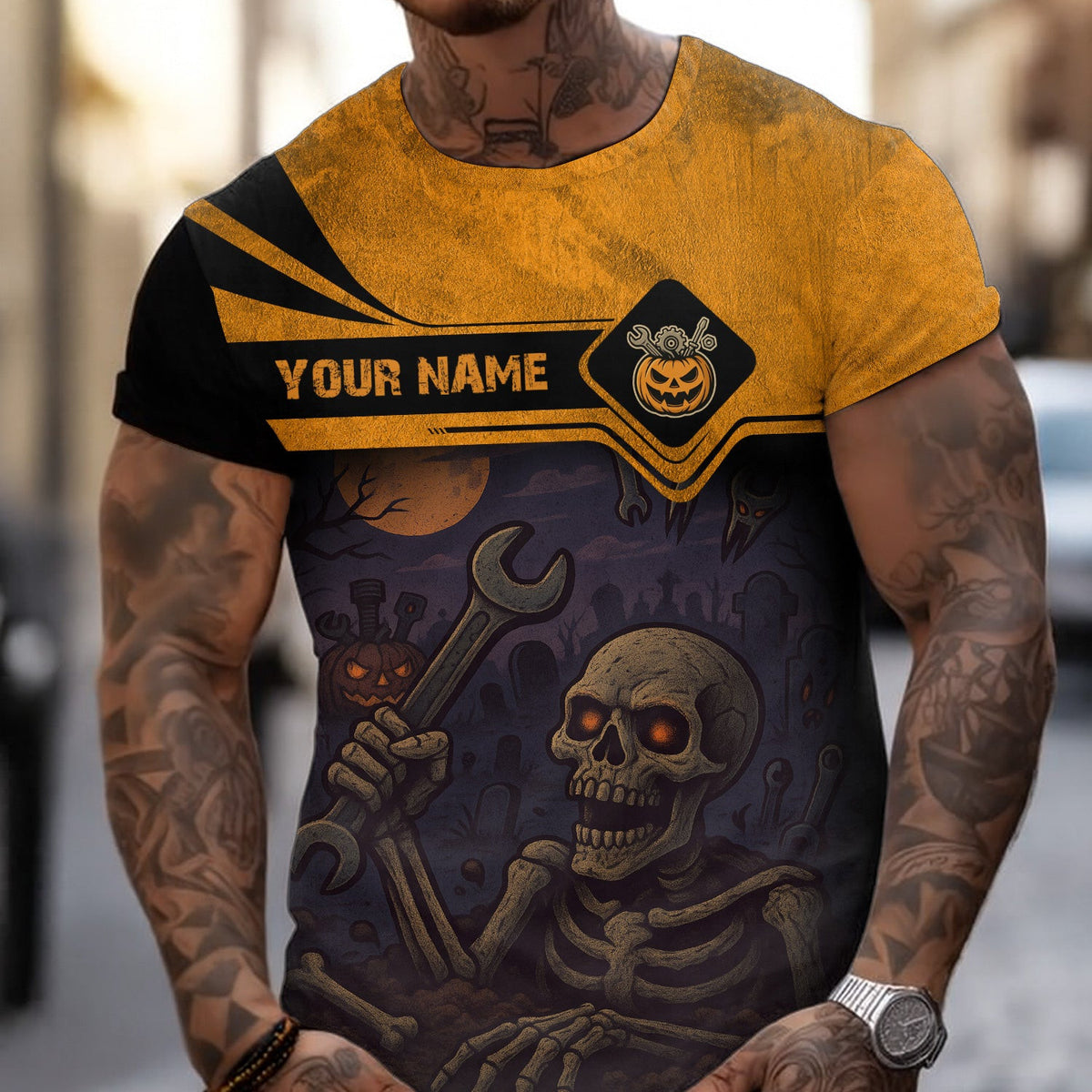 Personalized Mechanic T Shirt, Skeleton Skull Halloween Graphic Wrench Graveyard Theme Funny Apparel Gift for Men Women