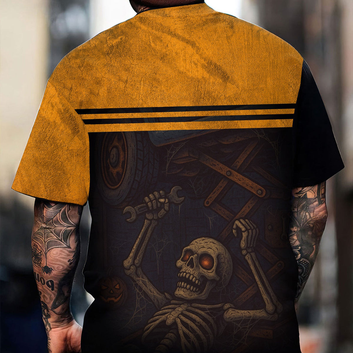 Personalized Mechanic T Shirt, Skeleton Skull Halloween Graphic Wrench Graveyard Theme Funny Apparel Gift for Men Women