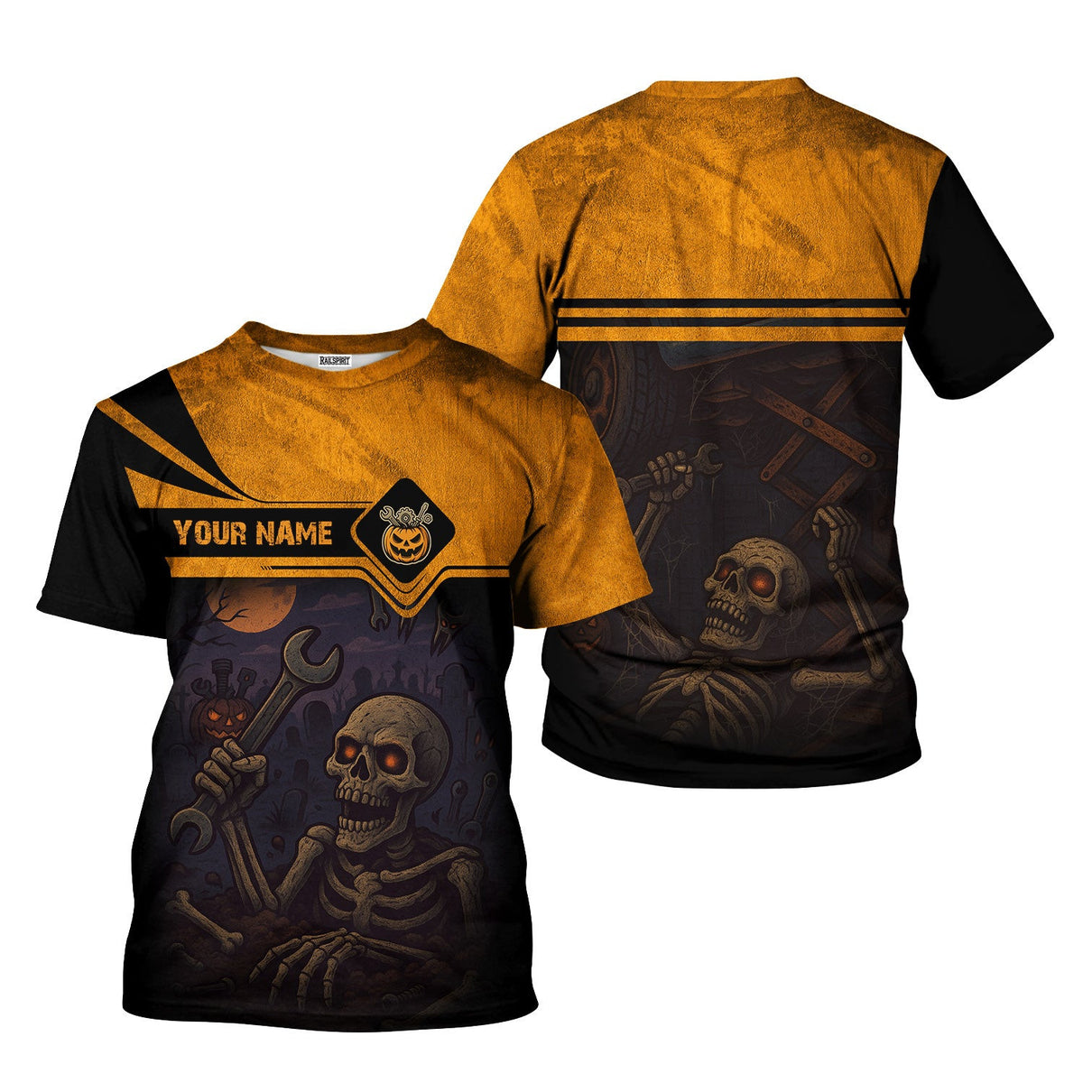 Personalized Mechanic T Shirt, Skeleton Skull Halloween Graphic Wrench Graveyard Theme Funny Apparel Gift for Men Women
