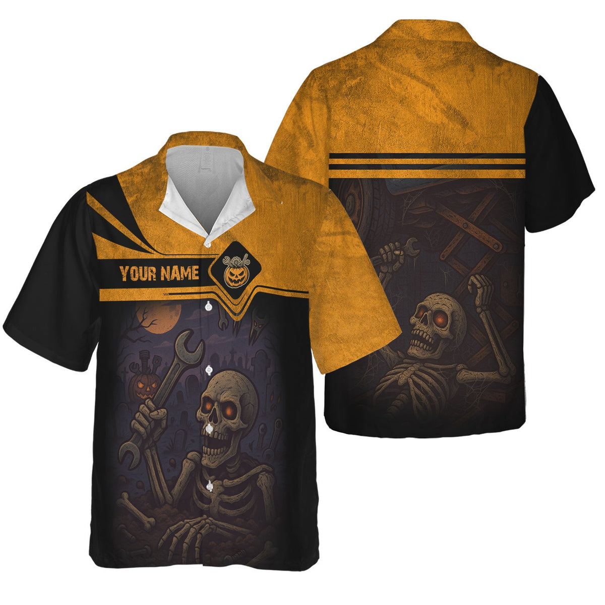 Personalized Mechanic T Shirt, Skeleton Skull Halloween Graphic Wrench Graveyard Theme Funny Apparel Gift for Men Women