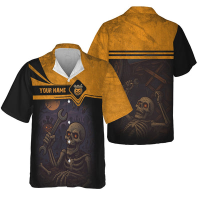 Personalized Mechanic T Shirt, Skeleton Skull Halloween Graphic Wrench Graveyard Theme Funny Apparel Gift for Men Women