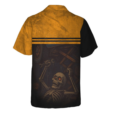 Personalized Mechanic T Shirt, Skeleton Skull Halloween Graphic Wrench Graveyard Theme Funny Apparel Gift for Men Women