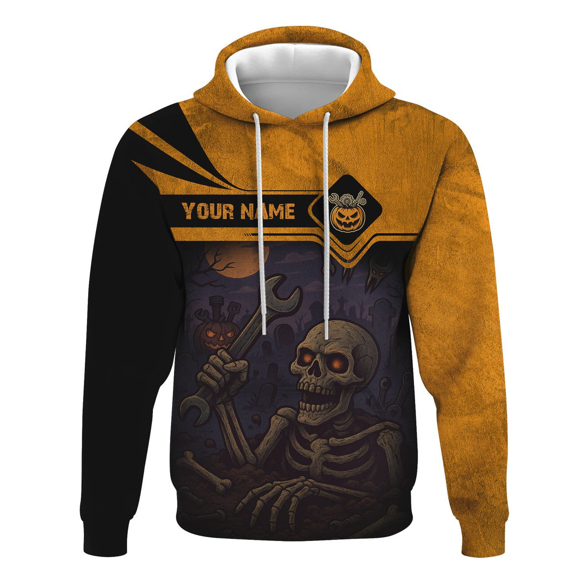 Personalized Mechanic T Shirt, Skeleton Skull Halloween Graphic Wrench Graveyard Theme Funny Apparel Gift for Men Women