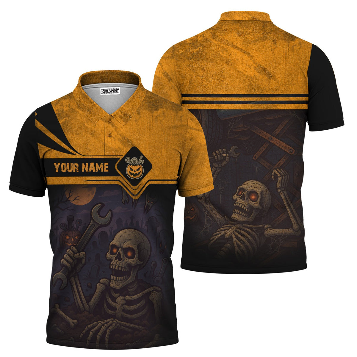 Personalized Mechanic T Shirt, Skeleton Skull Halloween Graphic Wrench Graveyard Theme Funny Apparel Gift for Men Women