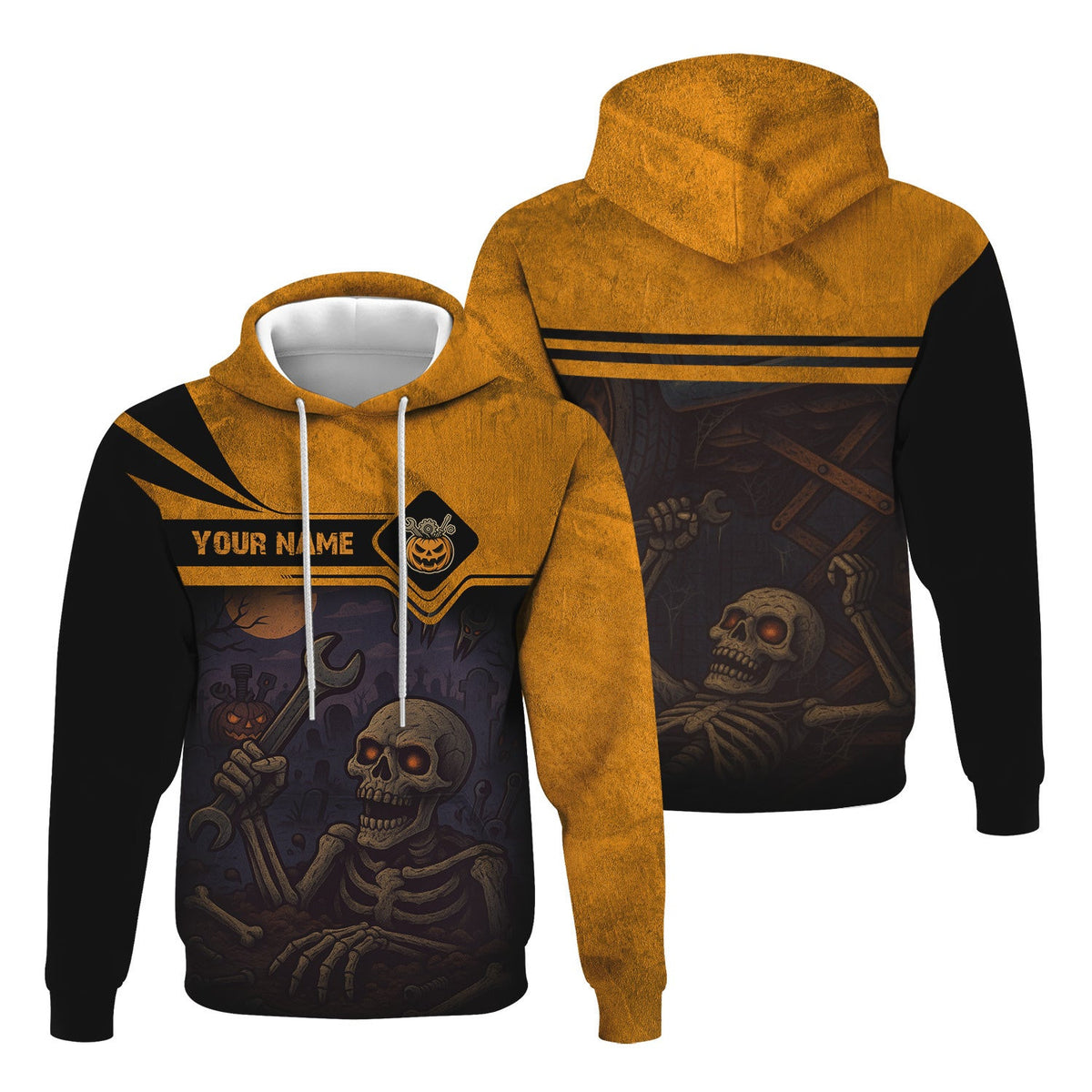 Personalized Mechanic T Shirt, Skeleton Skull Halloween Graphic Wrench Graveyard Theme Funny Apparel Gift for Men Women