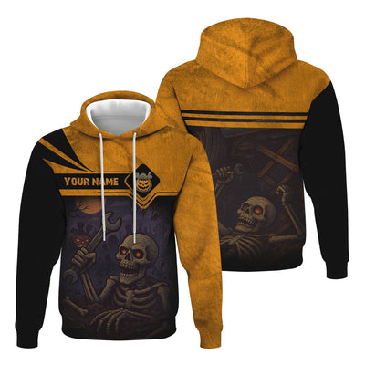 Personalized Mechanic T Shirt, Skeleton Skull Halloween Graphic Wrench Graveyard Theme Funny Apparel Gift for Men Women