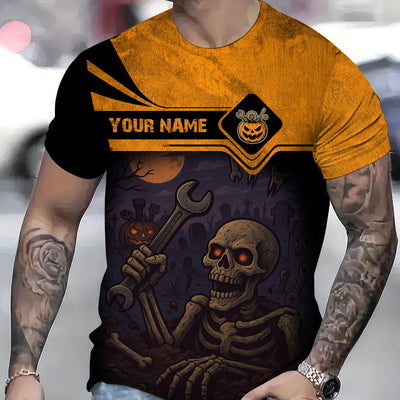 Personalized Mechanic T Shirt, Skeleton Skull Halloween Graphic Wrench Graveyard Theme Funny Apparel Gift for Men Women
