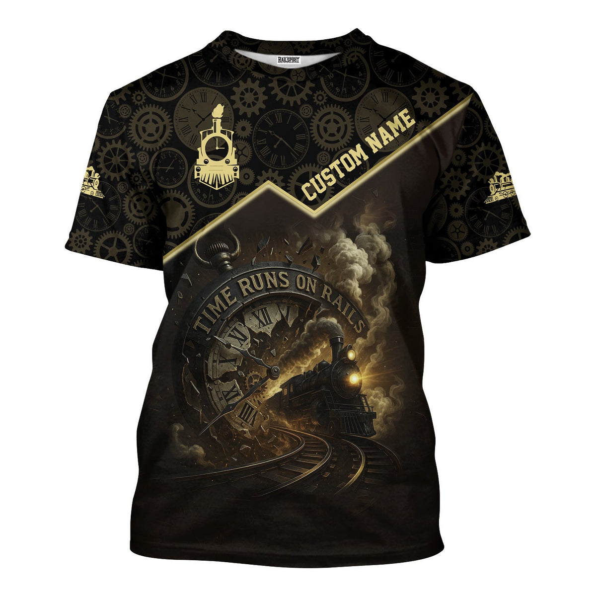 Custom Name Steam Train T-shirt, Time Runs On Rails, Vintage Train with Clock Design, Train Lover Gift