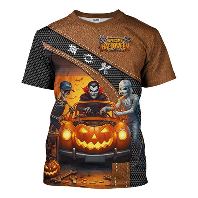Halloween Mechanic T Shirt Funny Vampire Skeleton Mummy Pumpkin Car Spooky Auto Repair Garage Workwear Tee Gift For Men Women Halloween