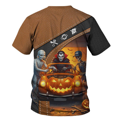 Halloween Mechanic T Shirt Funny Vampire Skeleton Mummy Pumpkin Car Spooky Auto Repair Garage Workwear Tee Gift For Men Women Halloween