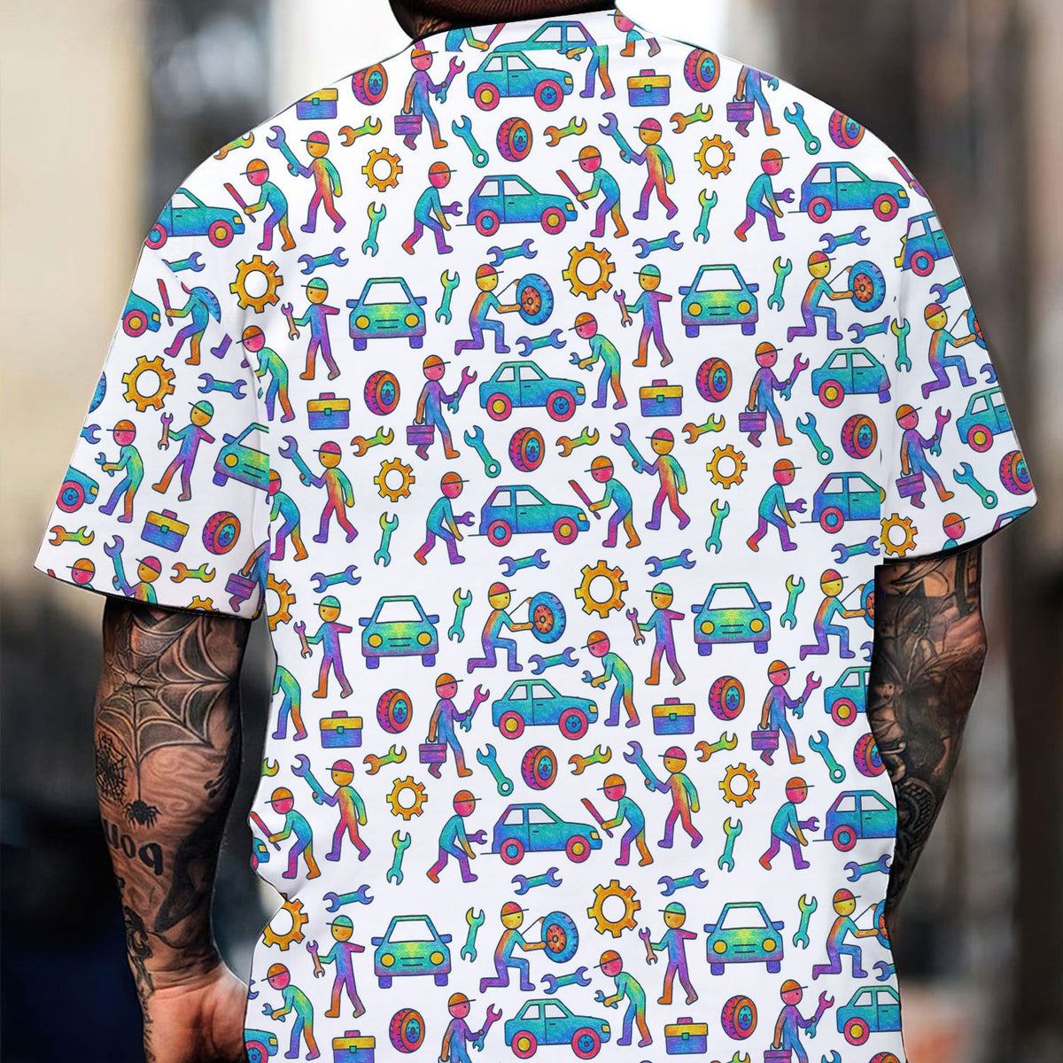 Colorful Mechanic Pattern Shirt Auto Repair Tools Cars Garage Workwear Tee Funny Car Lover Gift Unique Full Print Graphic T-Shirt for Men