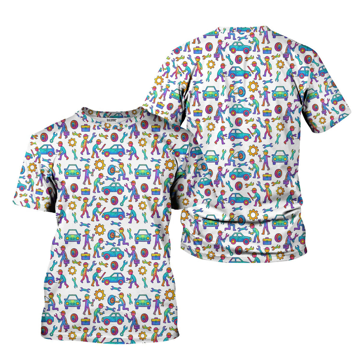 Colorful Mechanic Pattern Shirt Auto Repair Tools Cars Garage Workwear Tee Funny Car Lover Gift Unique Full Print Graphic T-Shirt for Men