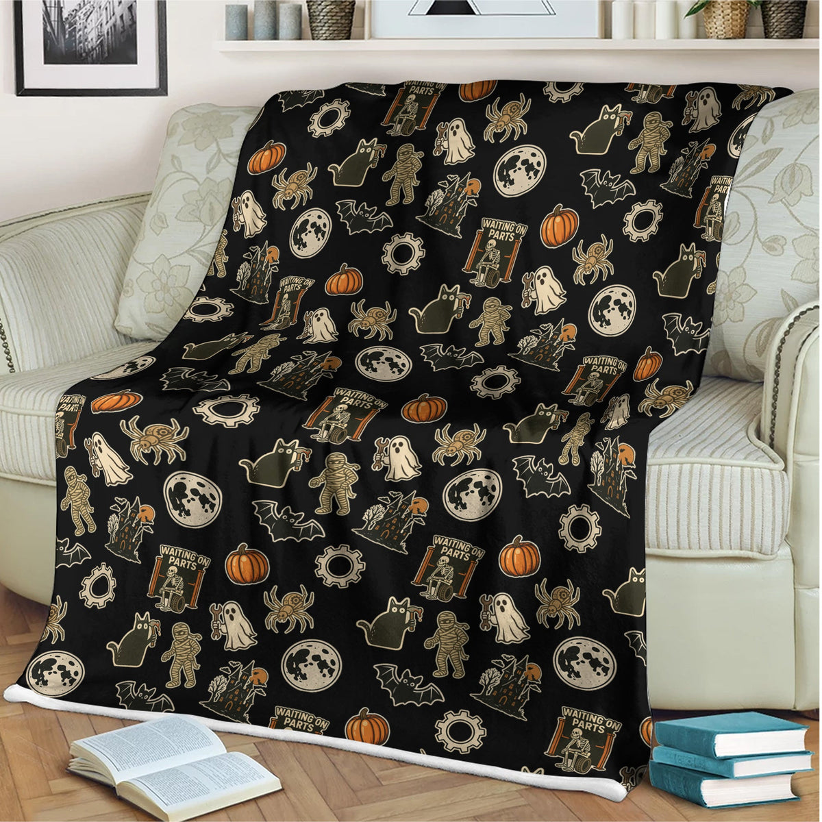 Funny Halloween Mechanic Blanket , Spooky Pumpkin Ghost Mummy Spider Bat Moon Costume Funny Scary Blanket for Mechanic