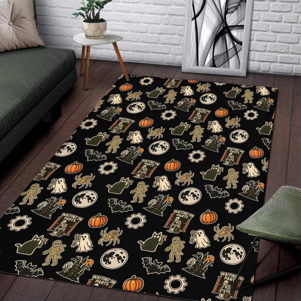 Funny Halloween Mechanic Rug Spooky Pumpkin Ghost Mummy Spider Bat Moon Costume Area Rug Garage Home Decor