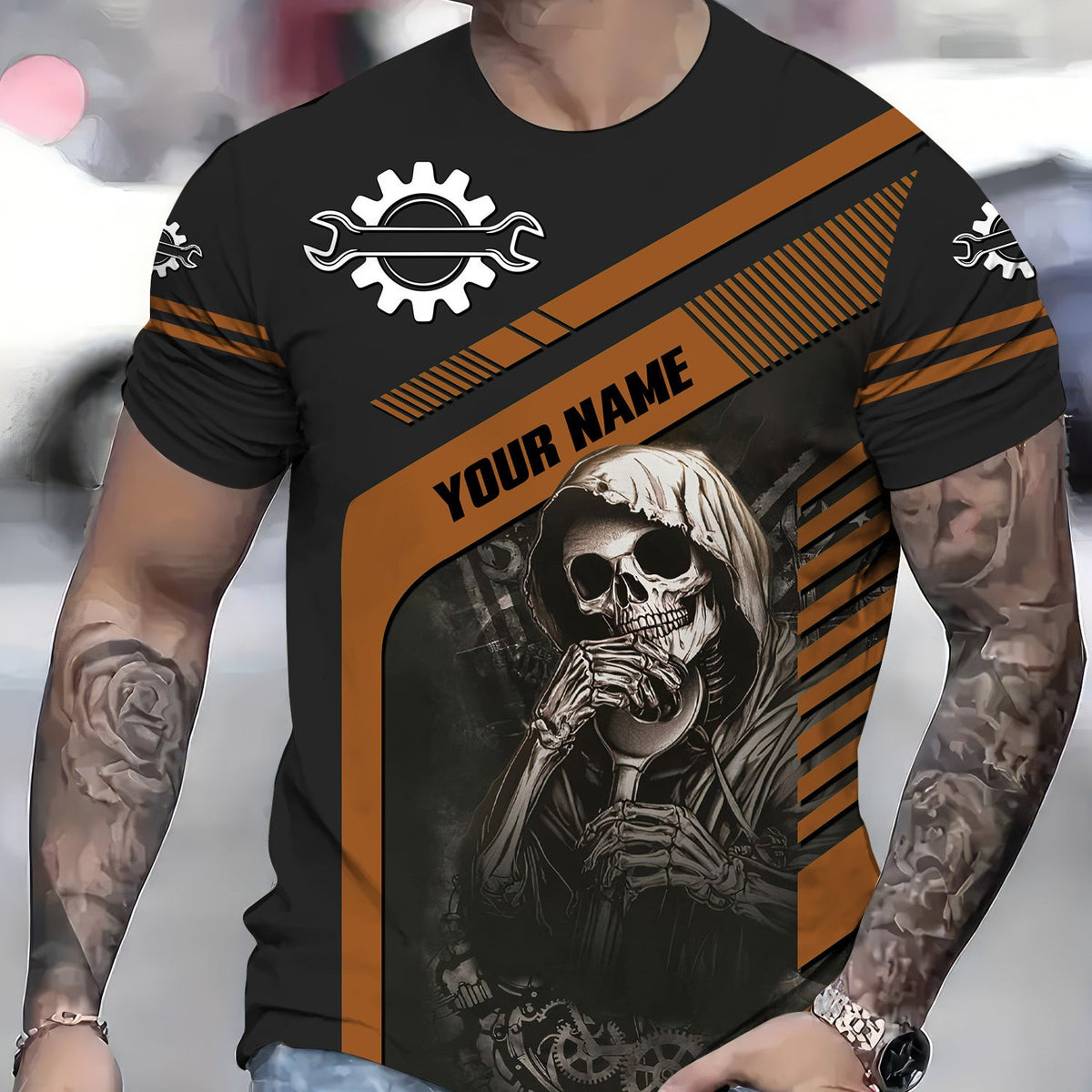 Personalized Mechanic Shirt Custom Name Skull Wrench Auto Repair Garage Workwear Tee Car Repair Shirt Gift For Men Dad Husband Boyfriend