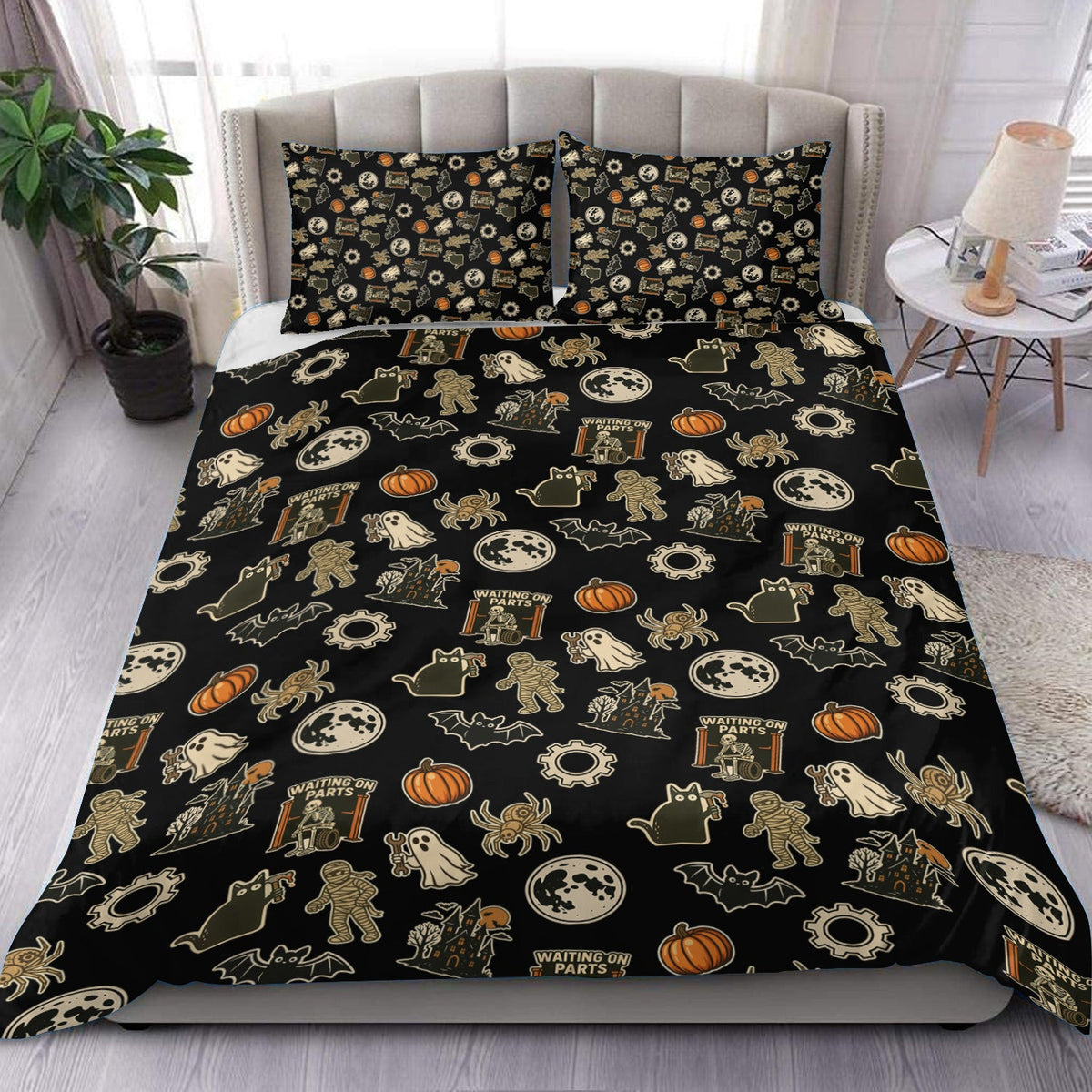 Funny Halloween Mechanic Bedding Set , Spooky Pumpkin Ghost Mummy Spider Bat Moon Costume Funny Scary Bedding Set for Mechanic
