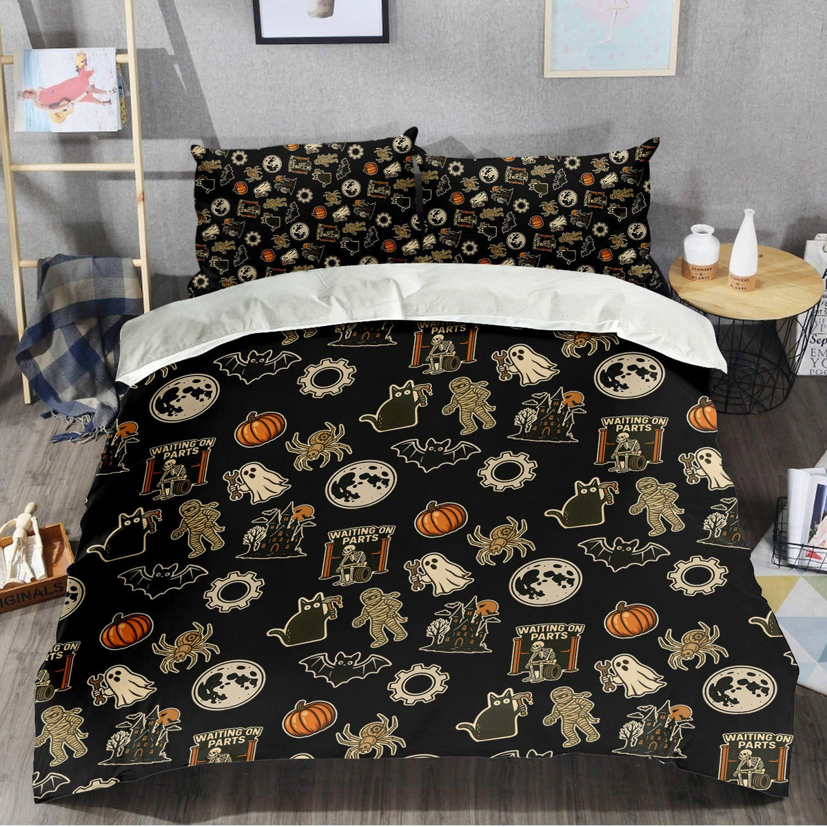 Funny Halloween Mechanic Bedding Set , Spooky Pumpkin Ghost Mummy Spider Bat Moon Costume Funny Scary Bedding Set for Mechanic