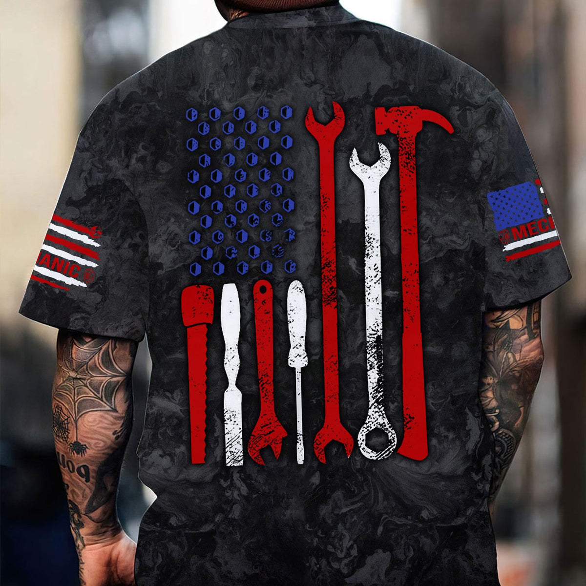 American Flag Tool Shirt, Vintage Mechanic Tools T-shirt for Men, Patriotic USA T-shirt with Wrench & Hammer, Perfect Gift for Tradesmen & DIY Enthusiasts