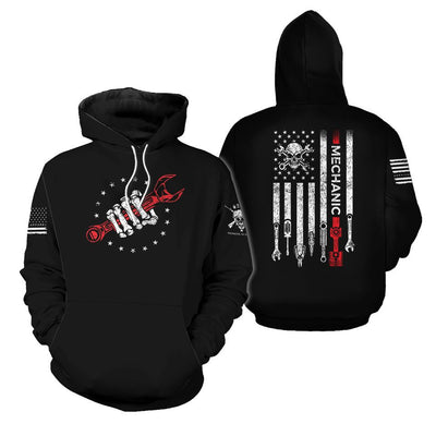 Railspirit Patriotic Mechanic Hoodie with American Flag Design, Wrench & Skull Graphic, Gift for Mechanics, Vintage Style