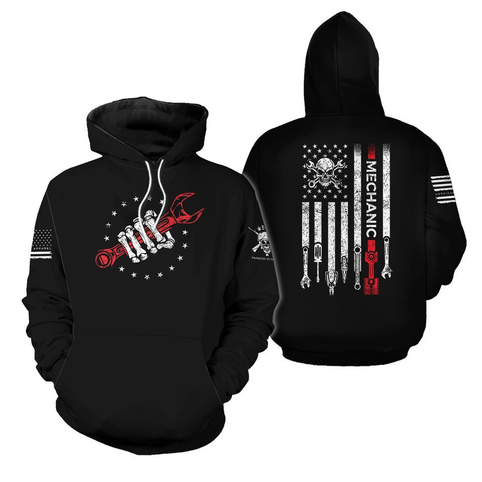 Railspirit Patriotic Mechanic Hoodie with American Flag Design, Wrench & Skull Graphic, Gift for Mechanics, Vintage Style