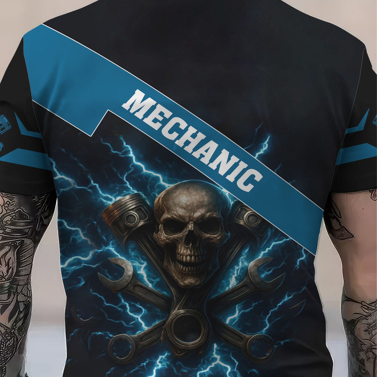 Personalized Mechanic Shirt, Skull Engine Piston Wrench Lighting Design, Mechanic Uniforms, Gift For Men
