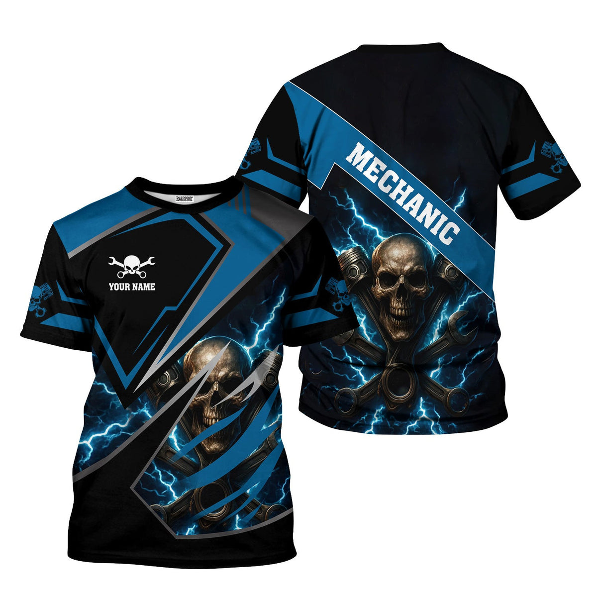 Personalized Mechanic Shirt, Skull Engine Piston Wrench Lighting Design, Mechanic Uniforms, Gift For Men