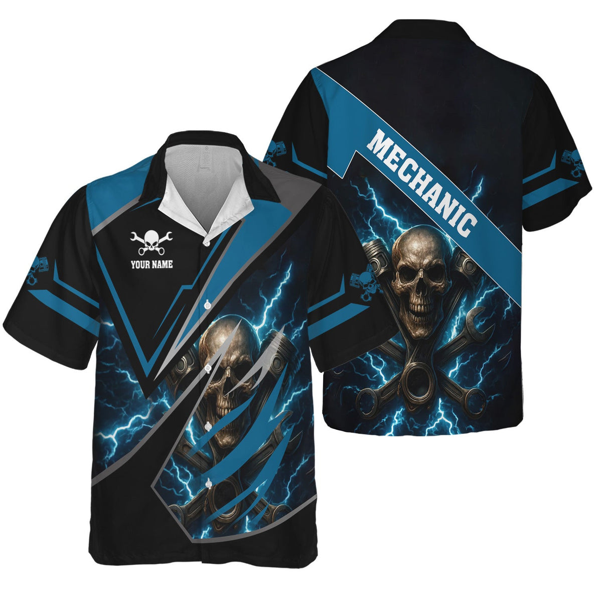 Personalized Mechanic Shirt, Skull Engine Piston Wrench Lighting Design, Mechanic Uniforms, Gift For Men