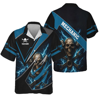 Personalized Mechanic Shirt, Skull Engine Piston Wrench Lighting Design, Mechanic Uniforms, Gift For Men