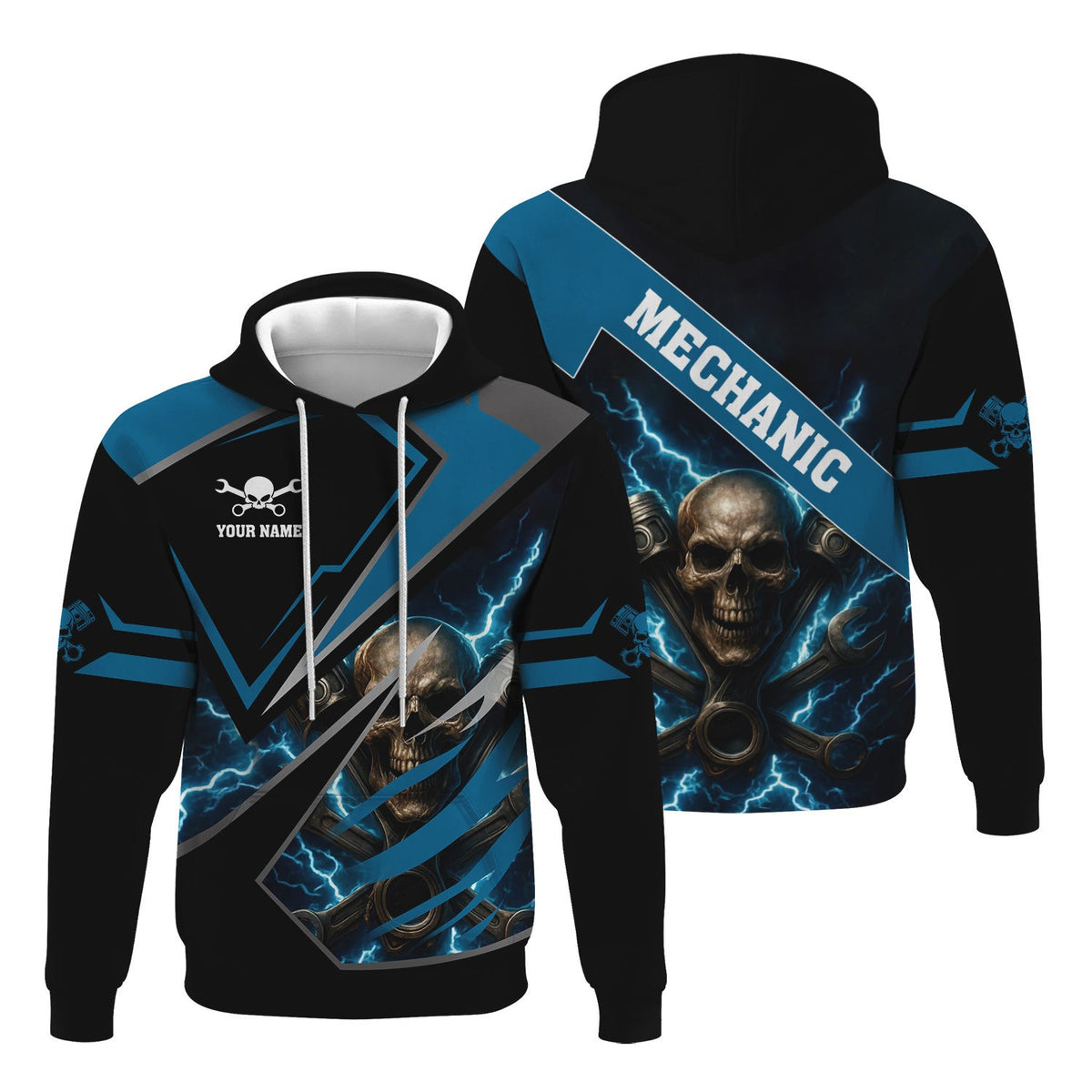 Personalized Mechanic Shirt, Skull Engine Piston Wrench Lighting Design, Mechanic Uniforms, Gift For Men