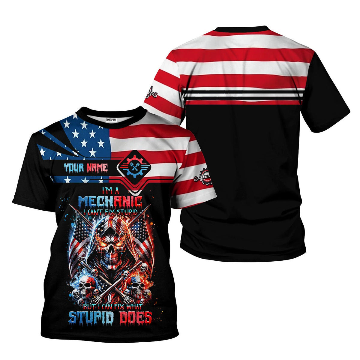 Custom Mechanic Shirt, Fix Stupid Design, Personalized Name, American Flag Skull Graphic, Funny Mechanic T-shirt for Men & Women